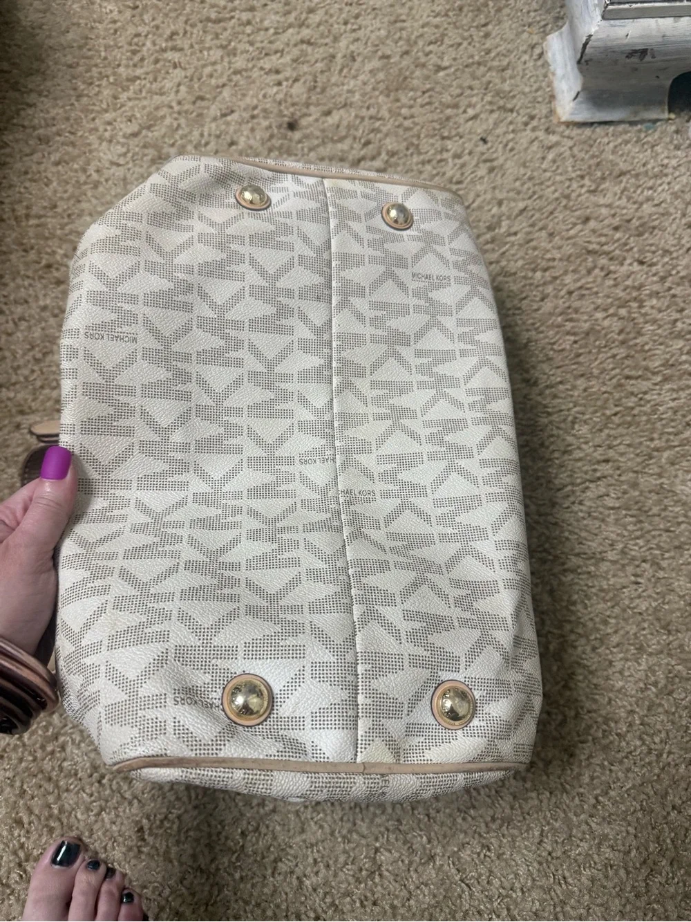 Michael Kors Cream Logo Satchel with Tan Leather Trim